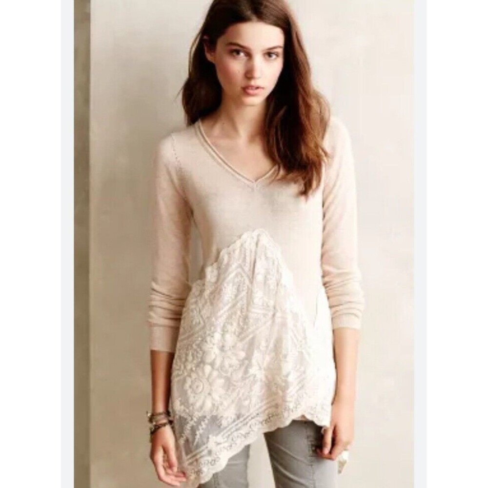 Angel of The North Beige Med Anthropology Knit Sweater With Lace Accent - Picture 1 of 8